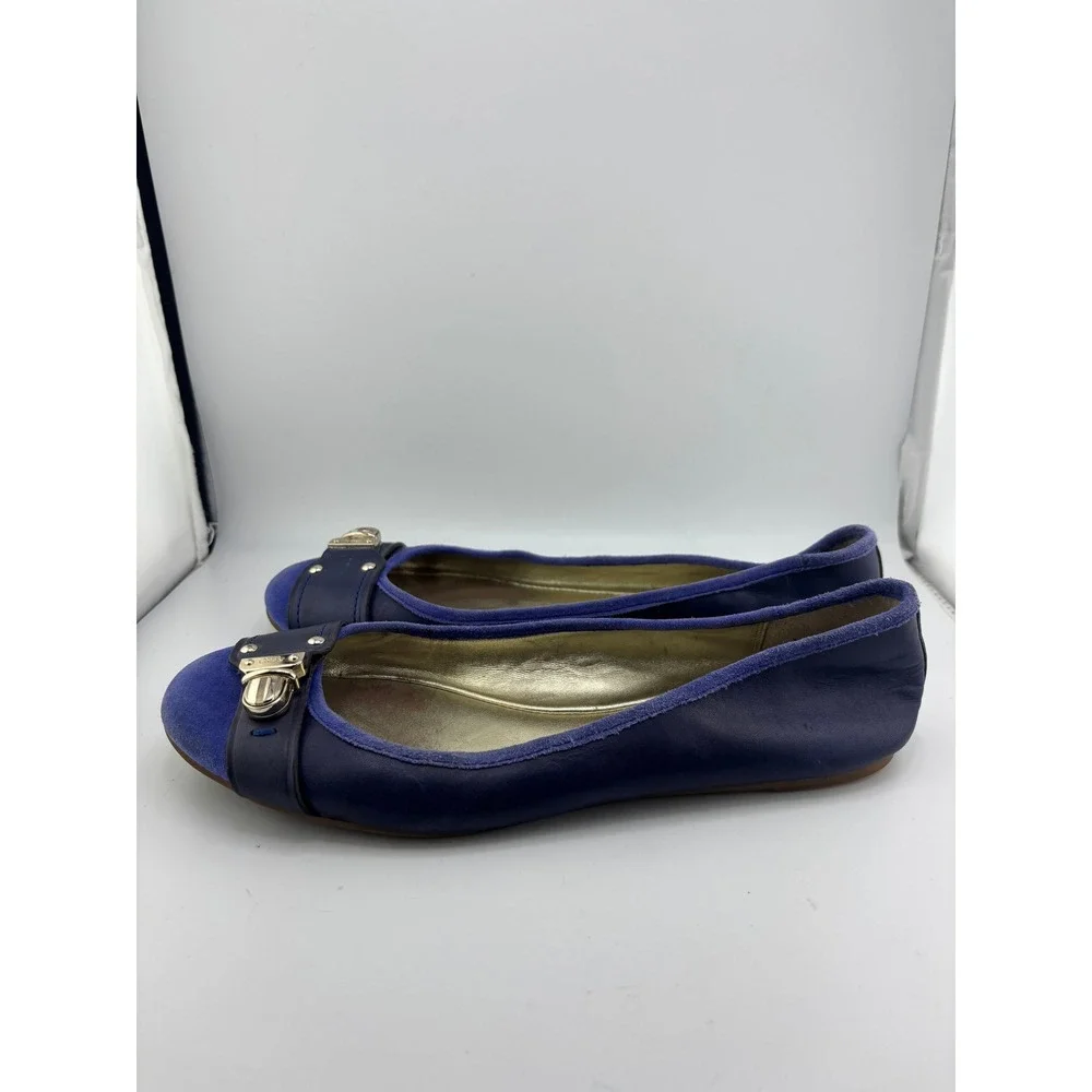Coach Womens Navy Leather Purple Suede Turnlock Ballet Flats Blue Size 8